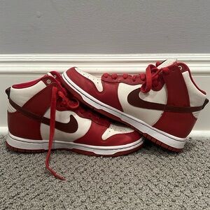 Red and white nike hightops